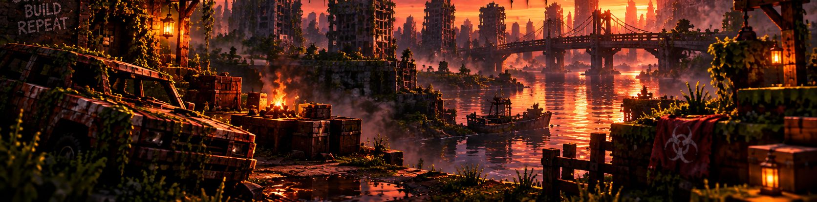 Une ville en ruine envahie par le lierre au coucher du soleil, avec une bannière biohazard et un panneau « survive, build, repeat ».