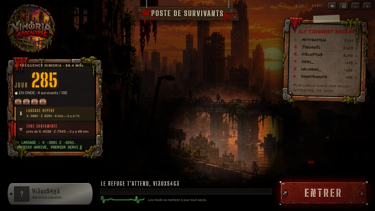 Le launcher Nimoria Apocalypse : la ville en ruine de nuit, la radio du jour 285, le mur des survivants et le bouton Entrer.